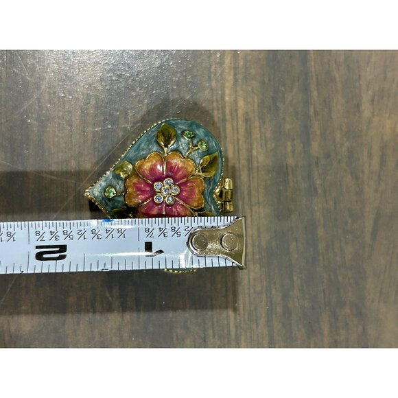 Vintage Monet Metal Enamel Heart Trinket Box Blue Green Flower Rhinestones - Picture 6 of 6